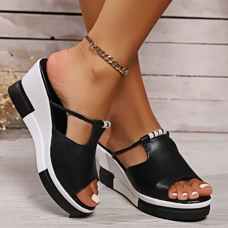 Momount Donna Sandali con Zeppa – Pelle T-Bar Cut-Out Peep-Toe Plateau Slide