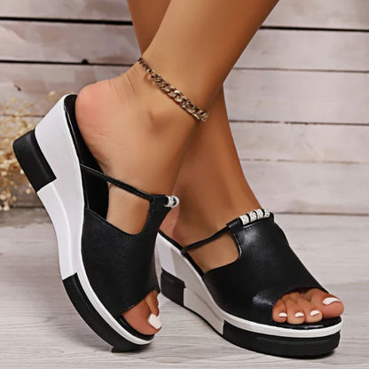 Momount Donna Sandali con Zeppa – Pelle T-Bar Cut-Out Peep-Toe Plateau Slide