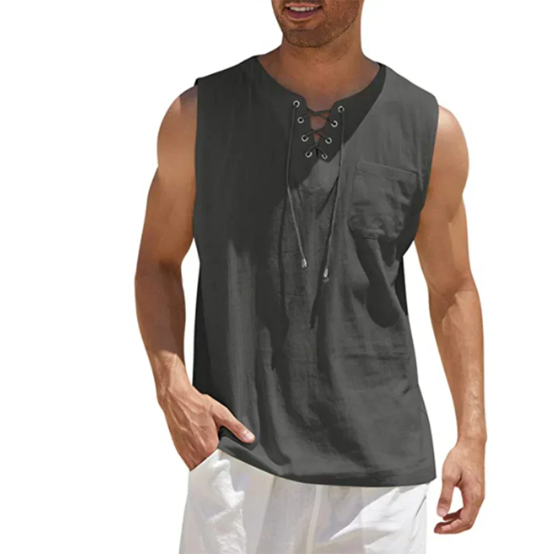 Momount Uomo Canottiera di Lino – Stringata Scollo a V Senza Maniche da Spiaggia Casual