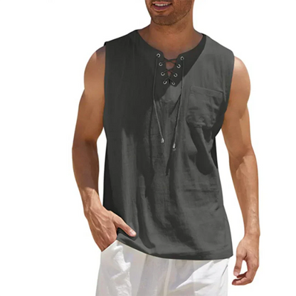 Momount Uomo Canottiera di Lino – Stringata Scollo a V Senza Maniche da Spiaggia Casual