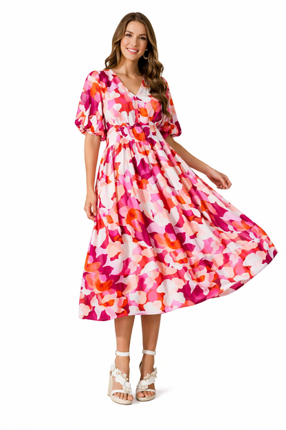 Brenta | Vestito Maxi Boho in Chiffon Floreale Scollo a V Manica Lunga Primaverile
