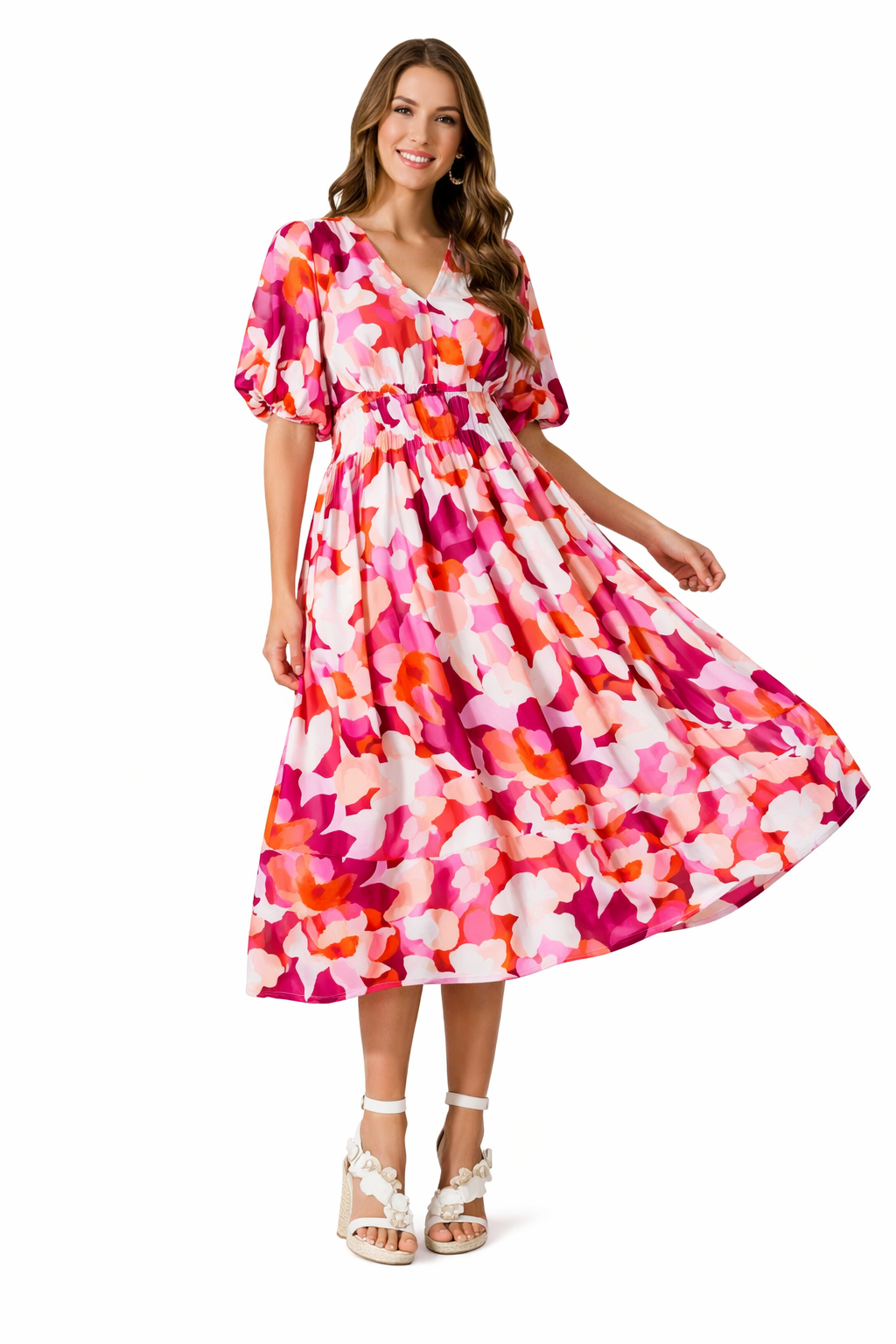 Brenta | Vestito Maxi Boho in Chiffon Floreale Scollo a V Manica Lunga Primaverile