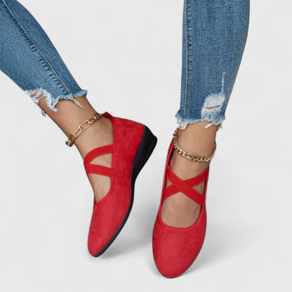 Momount Donna Ballerine – Camoscio Cinturino Incrociato Punta Tonda Caviglia Elastica