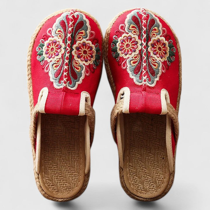 Momount Donna Mules Ricamati – Tela a Fiori Suola in Iuta Slip-On Punta Chiusa