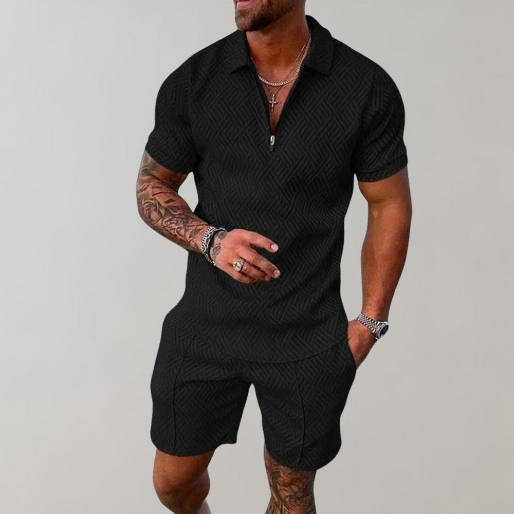 Momount Uomo Completo Due Pezzi – Polo Mezza Zip Pantaloncini Jacquard Estivo