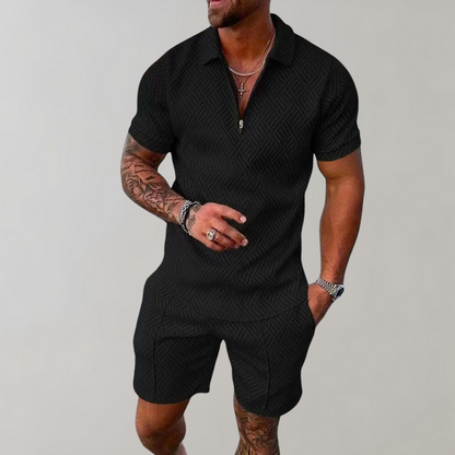 Momount Uomo Completo Due Pezzi – Polo Mezza Zip Pantaloncini Jacquard Estivo