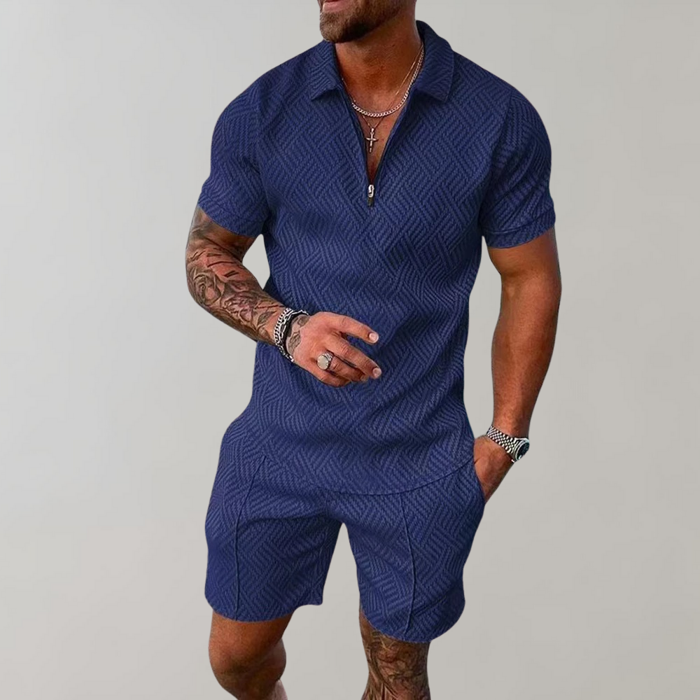 Momount Uomo Completo Due Pezzi – Polo Mezza Zip Pantaloncini Jacquard Estivo