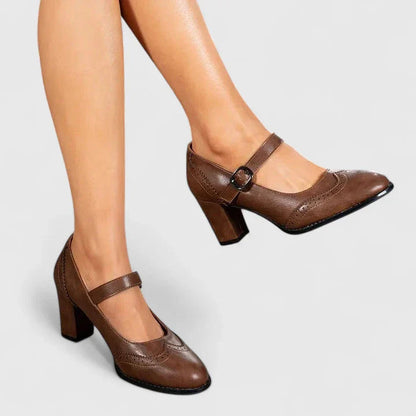 Momount Donna Décolleté Mary Jane Tacco Largo – Pelle Brogue Punta Tonda Fibbia