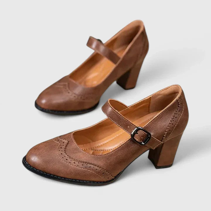 Momount Donna Décolleté Mary Jane Tacco Largo – Pelle Brogue Punta Tonda Fibbia