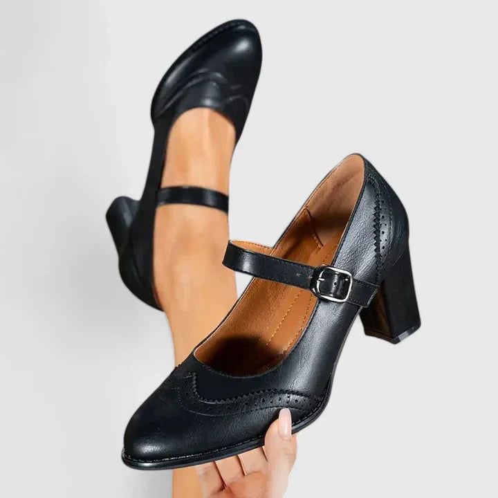 Momount Donna Décolleté Mary Jane Tacco Largo – Pelle Brogue Punta Tonda Fibbia