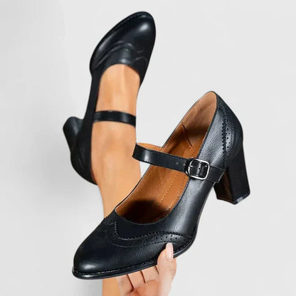 Momount Donna Décolleté Mary Jane Tacco Largo – Pelle Brogue Punta Tonda Fibbia
