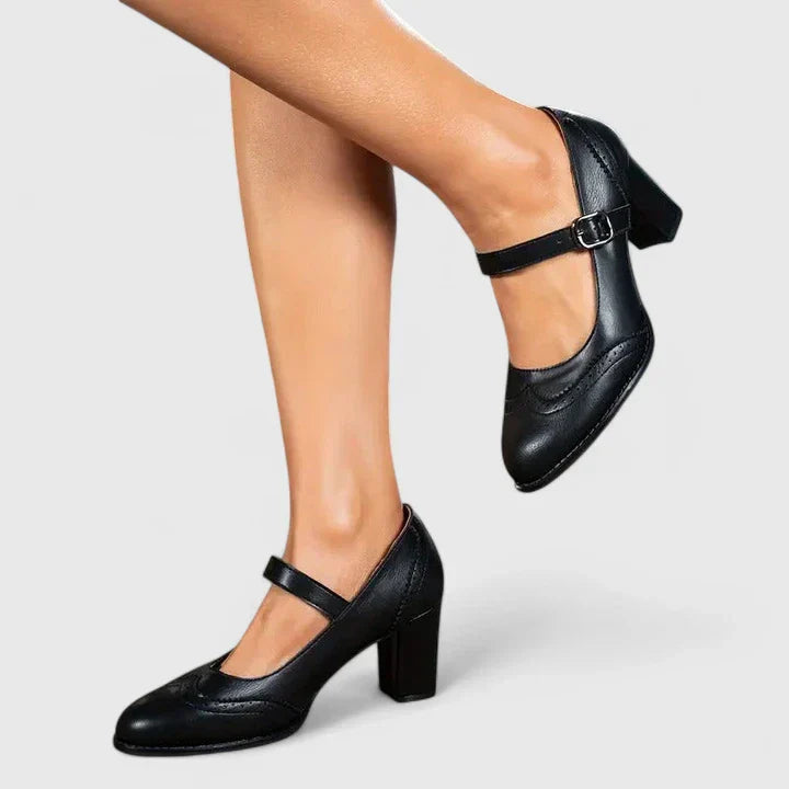 Momount Donna Décolleté Mary Jane Tacco Largo – Pelle Brogue Punta Tonda Fibbia