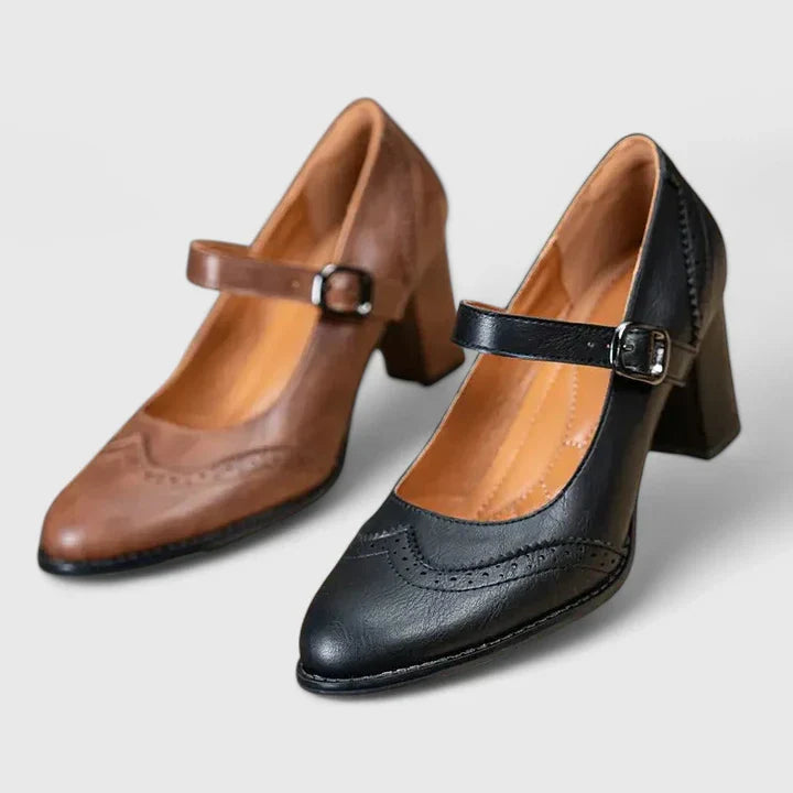 Momount Donna Décolleté Mary Jane Tacco Largo – Pelle Brogue Punta Tonda Fibbia