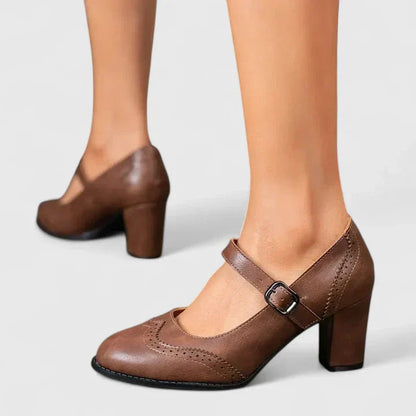 Momount Donna Décolleté Mary Jane Tacco Largo – Pelle Brogue Punta Tonda Fibbia