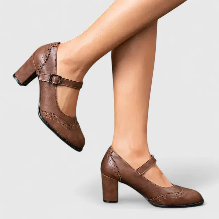 Momount Donna Décolleté Mary Jane Tacco Largo – Pelle Brogue Punta Tonda Fibbia
