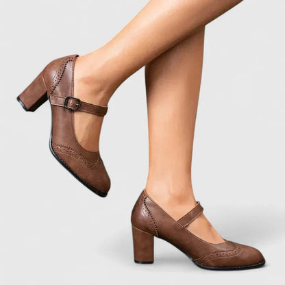 Momount Donna Décolleté Mary Jane Tacco Largo – Pelle Brogue Punta Tonda Fibbia