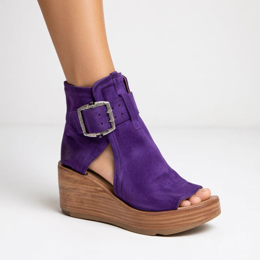 Momount Donna Sandali con Zeppa – Camoscio Cinturino alla Caviglia Fibbia Plateau in Legno Peep-Toe