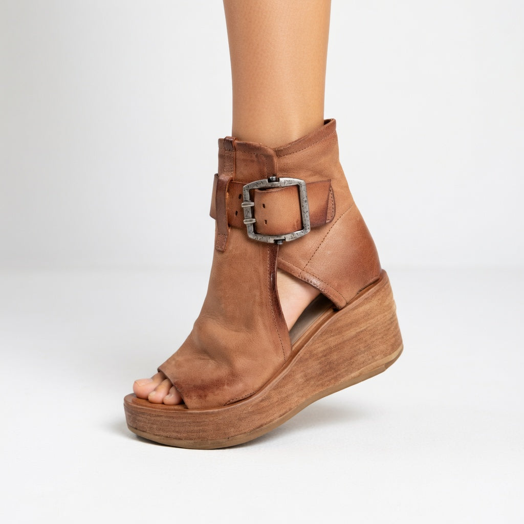 Momount Donna Sandali con Zeppa – Camoscio Cinturino alla Caviglia Fibbia Plateau in Legno Peep-Toe