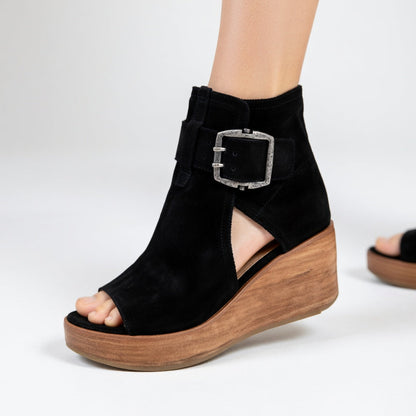 Momount Donna Sandali con Zeppa – Camoscio Cinturino alla Caviglia Fibbia Plateau in Legno Peep-Toe