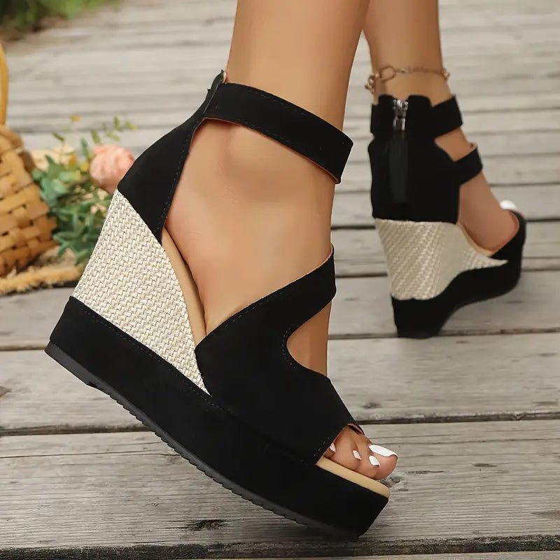Momount Donna Sandali Espadrillas con Zeppa – Camoscio Juta Plateau Cinturino alla Caviglia Peep-Toe