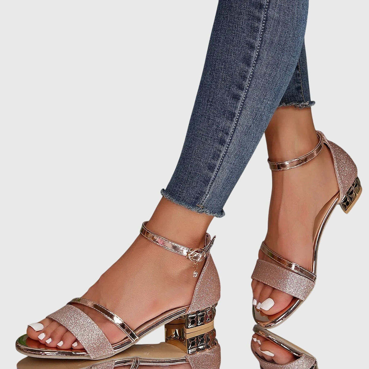 Momount Donna Sandali Cinturino Caviglia – Glitter Strass Tacco Largo Punta Aperta