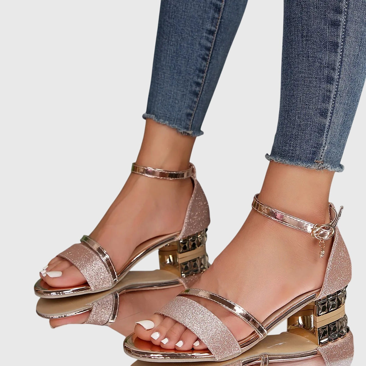 Momount Donna Sandali Cinturino Caviglia – Glitter Strass Tacco Largo Punta Aperta