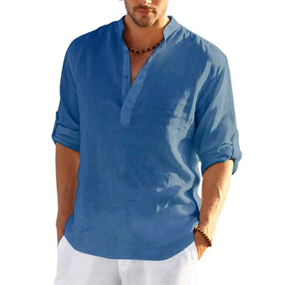 Momount Uomo Camicia Henley di Lino – Manica Lunga con Linguetta Arrotolabile Casual