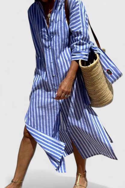 Momount Donna Abito Camicia Midi – A Righe Manica Lunga Casual Estivo da Spiaggia