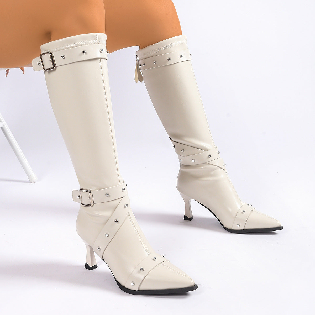 Momount Donna Stivali al Ginocchio – Western Pelle Fibbia Tacco a Spillo Basso