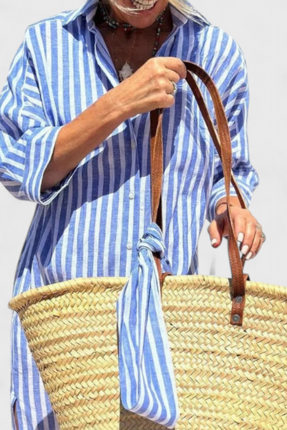 Momount Donna Abito Camicia Midi – A Righe Manica Lunga Casual Estivo da Spiaggia