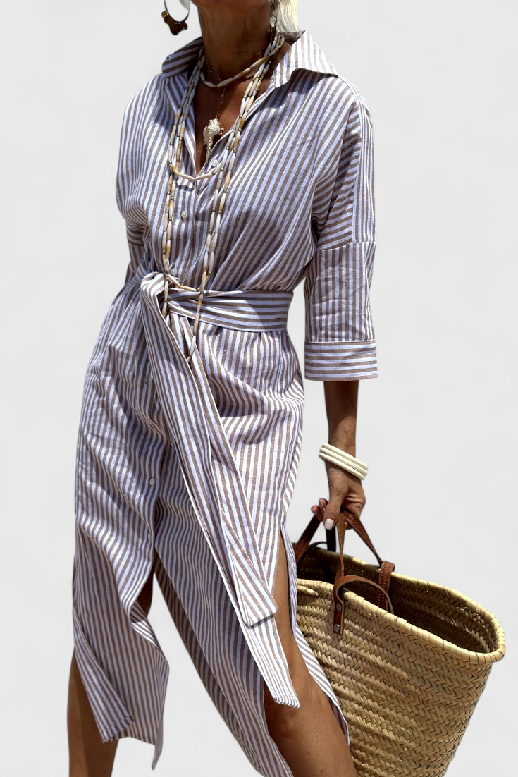 Momount Donna Abito Camicia Midi – A Righe Manica Lunga Casual Estivo da Spiaggia