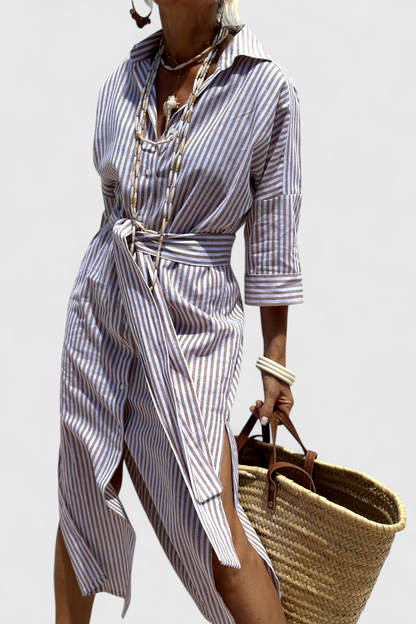 Momount Donna Abito Camicia Midi – A Righe Manica Lunga Casual Estivo da Spiaggia