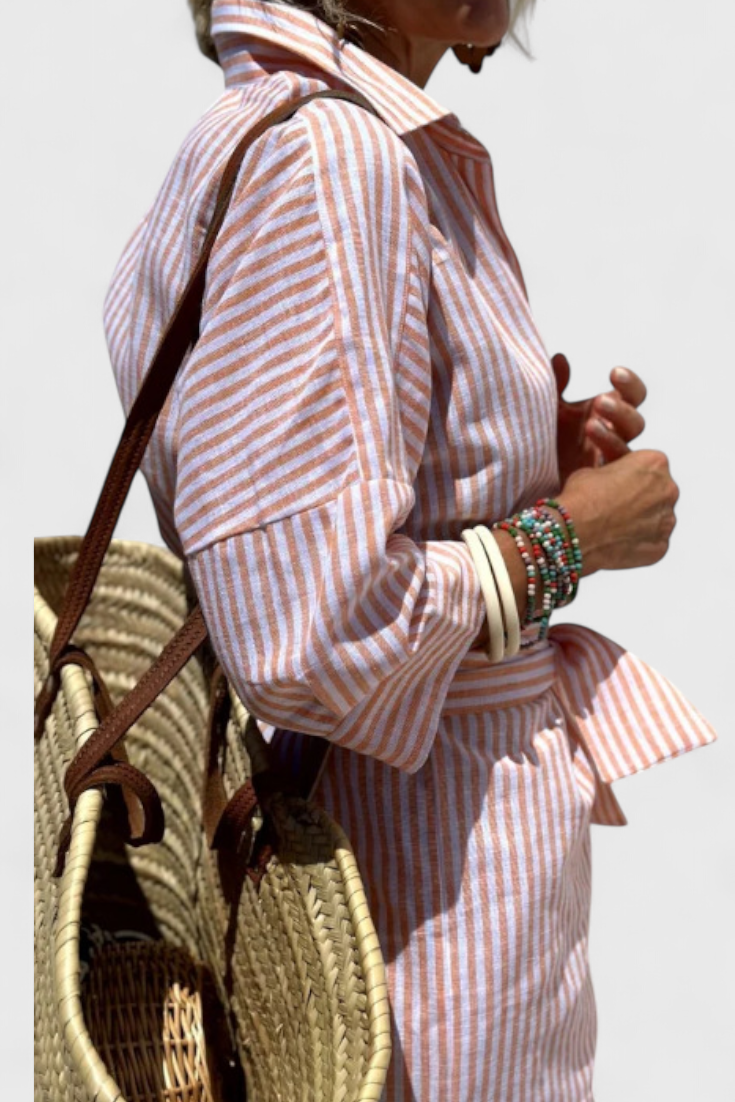 Momount Donna Abito Camicia Midi – A Righe Manica Lunga Casual Estivo da Spiaggia