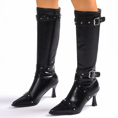 Momount Donna Stivali al Ginocchio – Western Pelle Fibbia Tacco a Spillo Basso