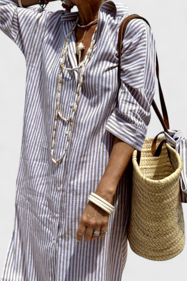 Momount Donna Abito Camicia Midi – A Righe Manica Lunga Casual Estivo da Spiaggia