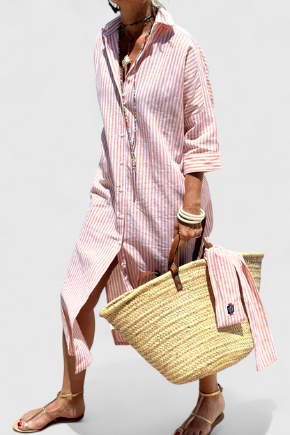 Momount Donna Abito Camicia Midi – A Righe Manica Lunga Casual Estivo da Spiaggia