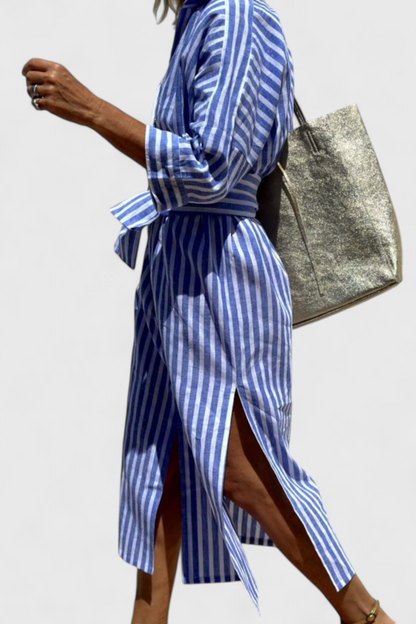 Momount Donna Abito Camicia Midi – A Righe Manica Lunga Casual Estivo da Spiaggia