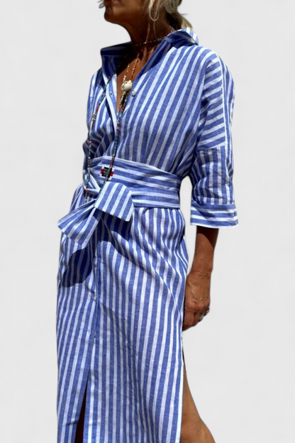 Momount Donna Abito Camicia Midi – A Righe Manica Lunga Casual Estivo da Spiaggia