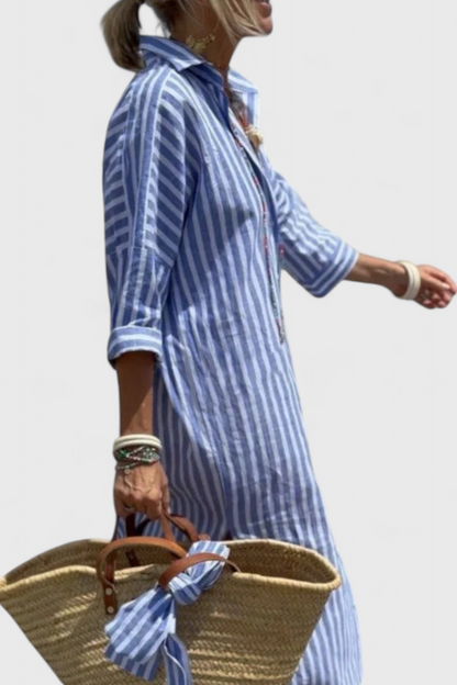 Momount Donna Abito Camicia Midi – A Righe Manica Lunga Casual Estivo da Spiaggia