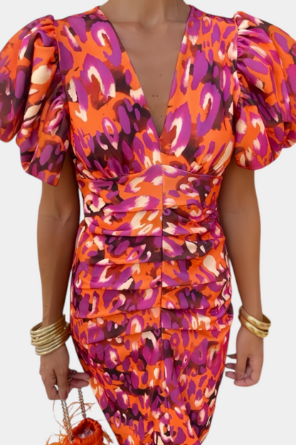 Mira Bold Print Dress | Puff Sleeves, Ruched Waist