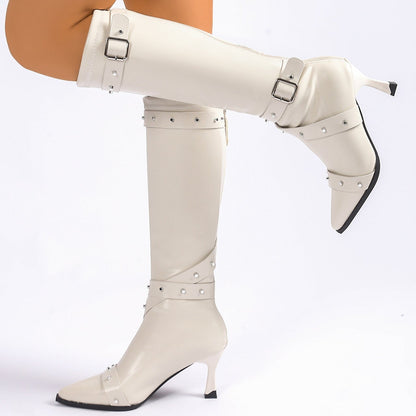 Momount Donna Stivali al Ginocchio – Western Pelle Fibbia Tacco a Spillo Basso