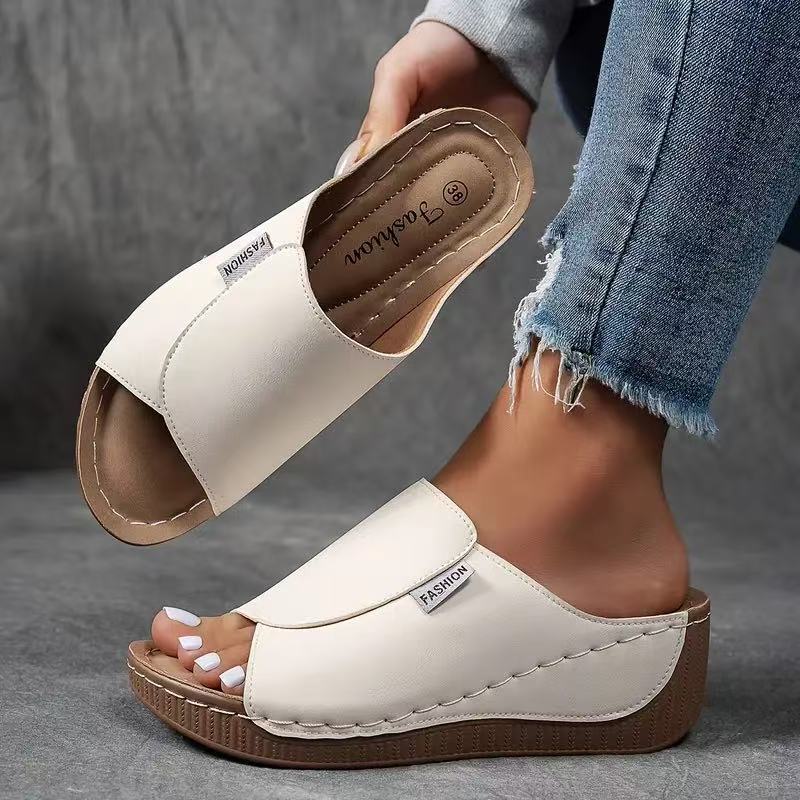Momount Donna Sandali con Zeppa Plateau – Mule in Pelle Marrone Punta Aperta