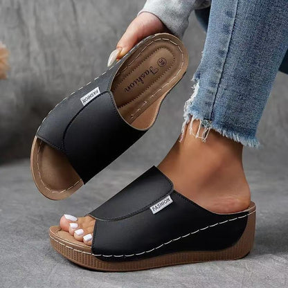 Momount Donna Sandali con Zeppa Plateau – Mule in Pelle Marrone Punta Aperta