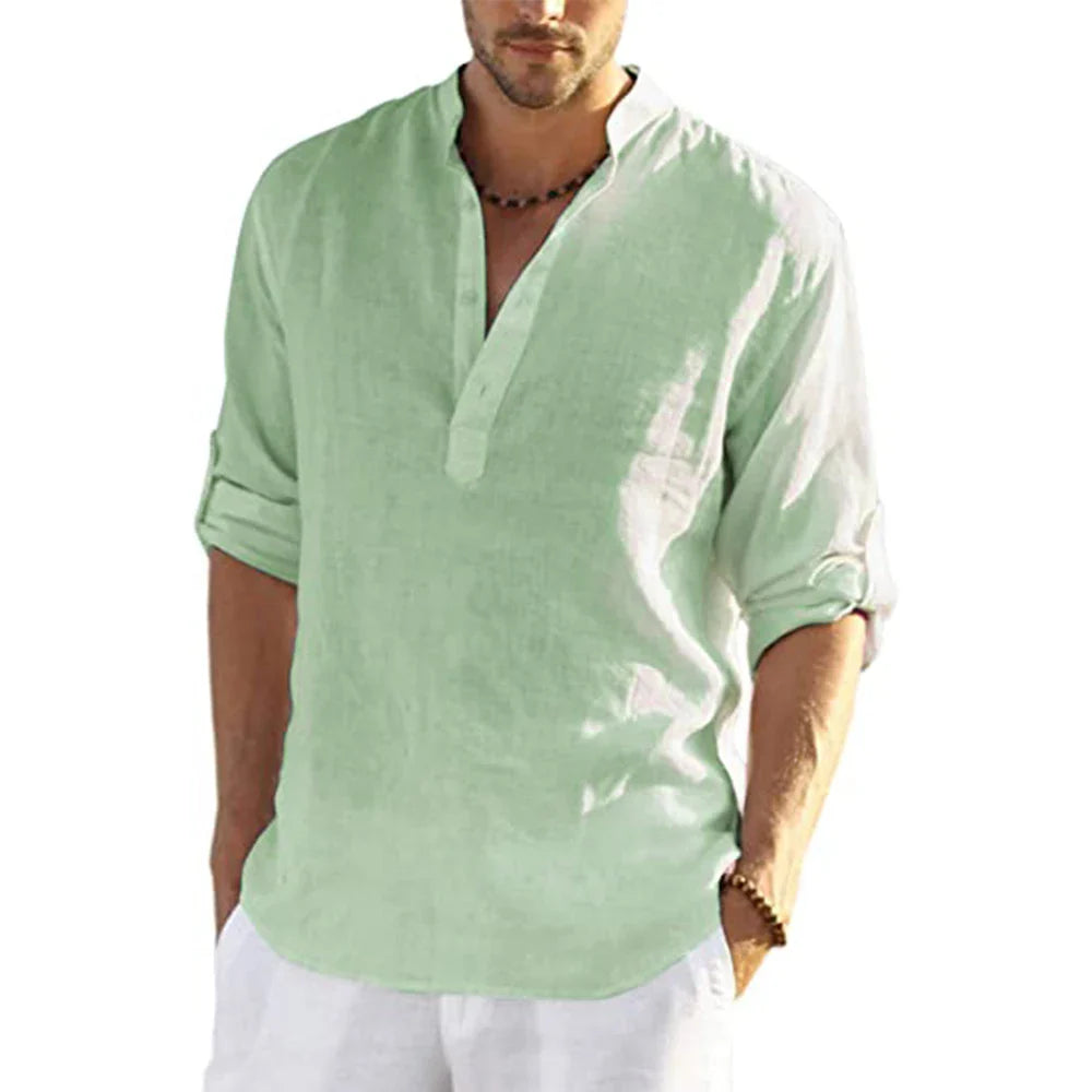 Momount Uomo Camicia Henley di Lino – Manica Lunga Collo alla Coreana Casual