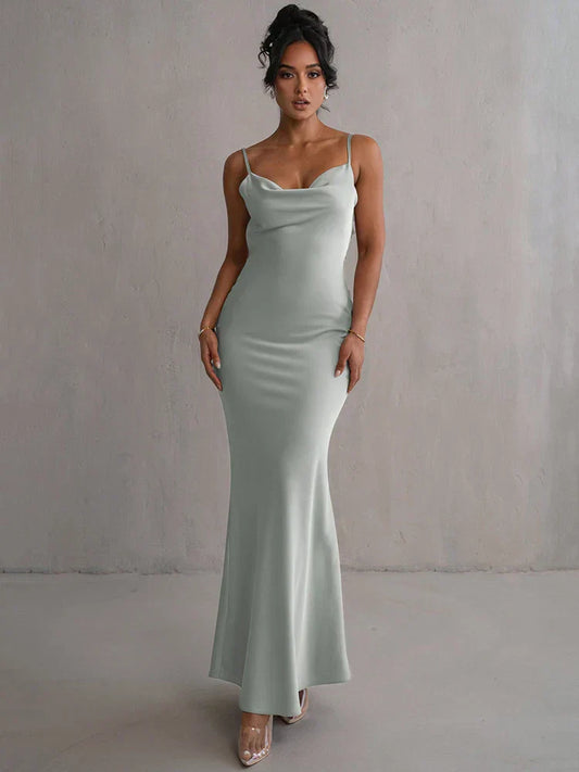 Momount Donna Abito Maxi Aderente in Raso – Scollo Drappeggiato Elegante