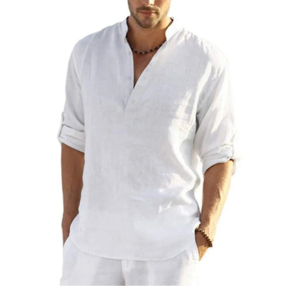Momount Uomo Camicia Henley di Lino – Manica Lunga Collo alla Coreana Casual