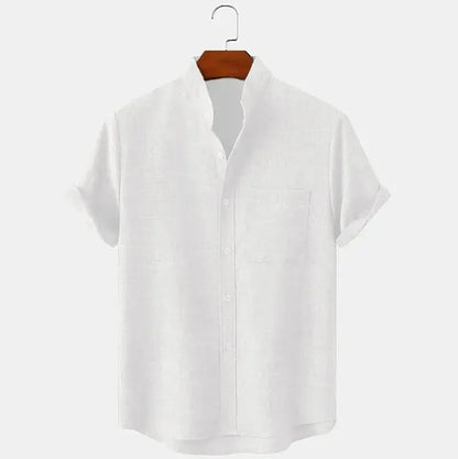 Momount Uomo Camicia di Lino – Manica Corta Collo alla Coreana Taschino al Petto Estiva