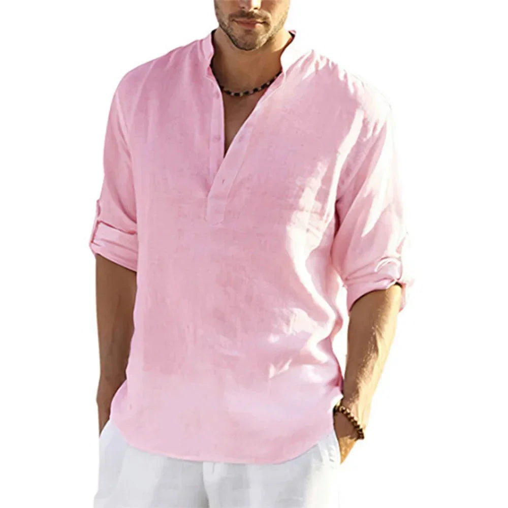 Momount Uomo Camicia Henley di Lino – Manica Lunga Collo alla Coreana Casual