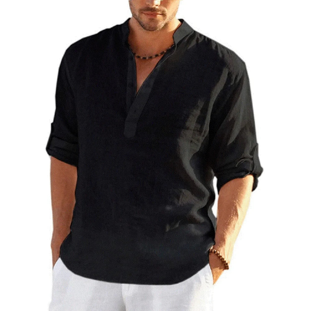 Momount Uomo Camicia Henley di Lino – Manica Lunga Collo alla Coreana Casual