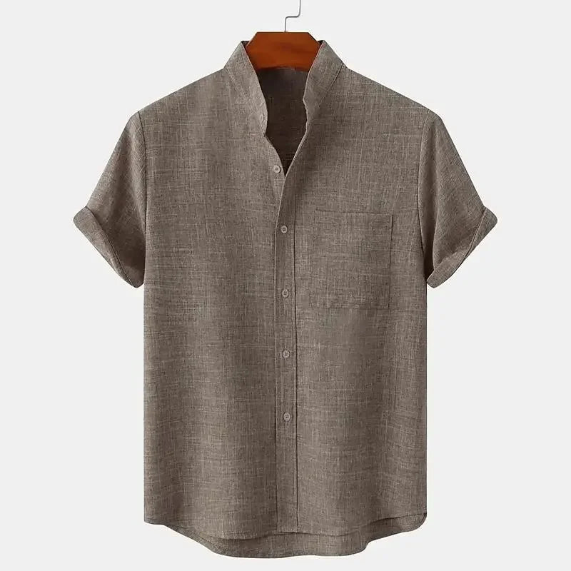 Momount Uomo Camicia di Lino – Manica Corta Collo alla Coreana Taschino al Petto Estiva